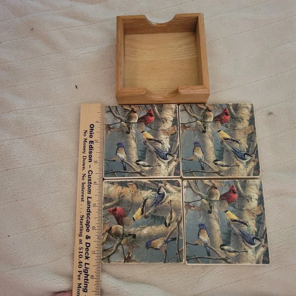 Bird Coasters Set of 4 Cork Back Cardinal Finch Birch Trees‎ Wood Holder 4x4